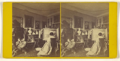 Woman at easel painting; American; about 1870; Albumen silver print