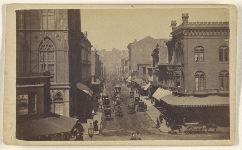 Montgomery Street from Market Street; San Francisco; Instantaneous; Lawrence & Houseworth; about 1865; Albumen silver print