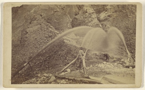 Hydraulic Mining - Behind the Pipes; Lawrence & Houseworth; about 1865; Albumen silver print