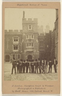 Eton College,Group of men in top hats posing in front of Eton College, England; Frederic Jones, British, active London, England