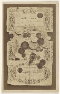 French bank notes and coins; Saint Thomas D'Aquin, French, active 1860s, about 1862; Albumen silver print