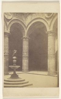 interior of arches, columns and single fountain, somewhere in Italy; Fratelli Alinari, Italian, founded 1852, about 1865