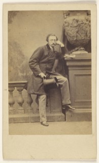 Man with moustache, holding a top hat, standing, posed on railing in studio; Antoine Claudet, French, 1797 - 1867, about 1865