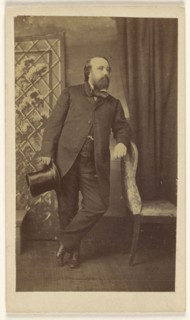 Full-bearded man holding a top hat, standing, leaning on chair back; Alexander Anderson, American, 1775 - 1870, 1860s; Albumen