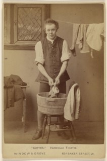 Sophia. Vaudeville Theatre.,Actor washing clothes in wooden tub; Window & Grove; about 1880; Albumen silver print