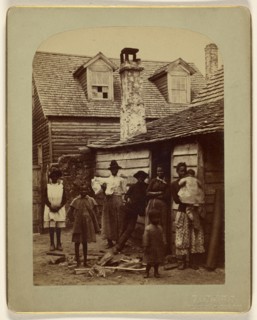 Black family grouping of eight posed at house entrance; George Barker, American, 1844 - 1894, 1886; Albumen silver print