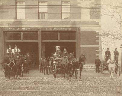 Ladder Company No. 11 and Fire Company No. 21; American; about 1890; Gelatin silver printing out process; 16.4 × 20.6 cm