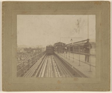 View of a train departing the station; about 1890; Gelatin silver print