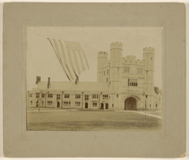 View of possibly a college dormitory with an American flag; American; about 1890; Gelatin silver print