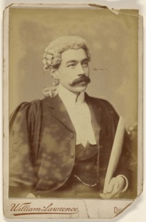 Man in white wig, dark moustache, holding papers; William Lawrence, American, active St. Joseph, Missouri 1860s, 1890s; Gelatin