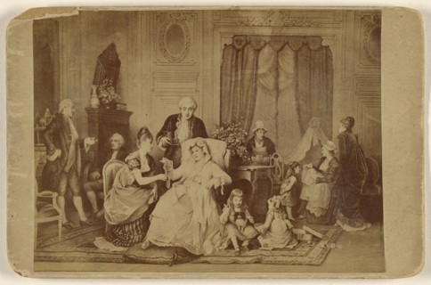 Copy of an unknown work of art: a woman seated, with foot on a pillow, being served; about 1875; Albumen silver print
