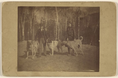 Bella, Mr. Entow, ?, & dogs - The Ampersand , Saranac Lake N.Y; American; May 1889; Albumen silver print