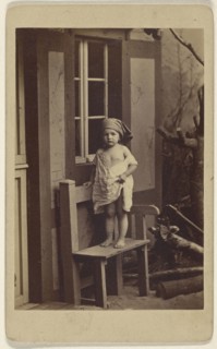 Genrebilder nach der Natur. Landliche Unschuld.  little girl with scarf on head, standing in a chair; German; about 1862