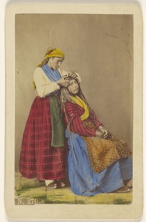 Older woman doing the hair of a younger woman; Giorgio Conrad, Italian, active 1860s, about 1870; Hand-colored albumen silver