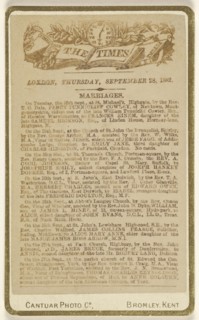 Listing of marriages from a page of The London Times, Thursday, September 28, 1882; Cantuar Photographic Company; September 22
