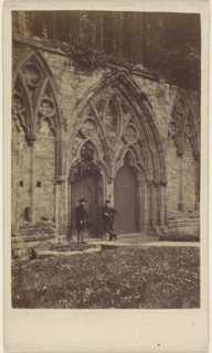 facade at Monmouth, Wales, with two men at front doors; R. Tudor Williams, British, active Monmouth, England 1870s, about 1865