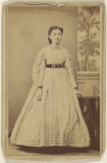 woman in checkered dress, standing; 1865 - 1875; Albumen silver print