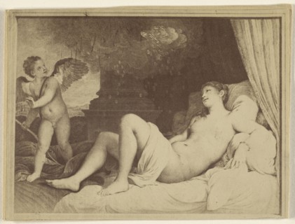 Reproduction of an  painting: nude woman reclining, angel at right; 1865 - 1870; Albumen silver print