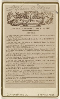 Birth annoucement page from The Times, London, Saturday, May 28, 1887; Cantuar Photographic Company; May 28, 1887; Albumen