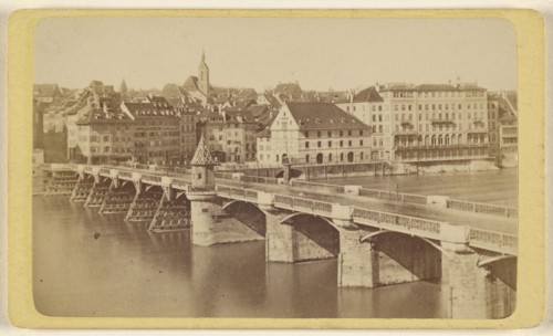 Die Rheinbrucke mit Hotel 3 Konig; Varady & Company; 1870 - 1875; Albumen silver print