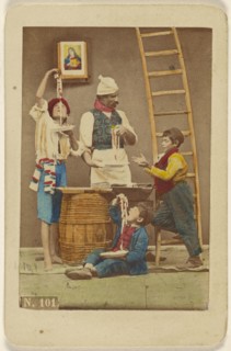 man with moustache making pasta, three boys either eating it or helping him make it; Giorgio Conrad Italian, active 1860s