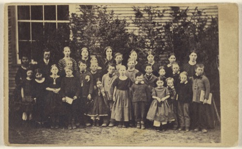 Large group of school children with teachers, all standing; 1865 - 1875; Albumen silver print