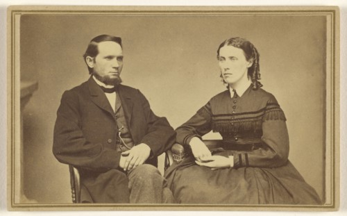 couple, both seated, man with moustachless beard and woman with ringlets; I.F. Alger, American, active 1870s, about 1867
