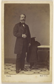 bearded man standing, a top hat and coat on nearby table; Mathew B. Brady, American, about 1823 - 1896, 1862 - 1864; Albumen