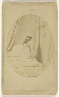 little girl in profile seated on a bed; Alophe Marie Alexander Menut, French, 1812 - 1883, 1870 - 1878; Albumen silver print