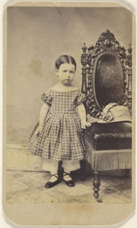 little girl standing near an ornate chair; 1870 - 1880; Albumen silver print