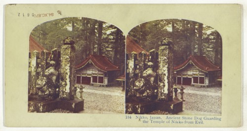 Nikko, Japan. Ancient Stone Dog Guarding the Temple of Nikko from Evil, recto, Nara, Japan. The Thousand Lanterns; about 1900