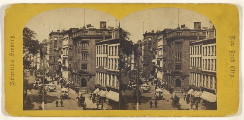Broadway & Bank of the Republic; American; about 1865; Albumen silver print