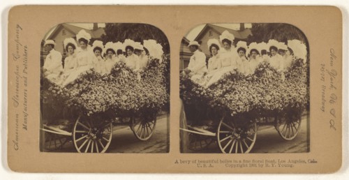 A bevy of beautiful belles in a fine floral float, Los Angeles, Cal., U.S.A; R.Y. Young, American, active New York, New York
