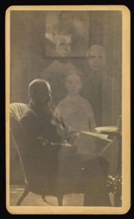 man with a long beard seated with three  spirits; William H. Mumler, American, 1832 - 1884, Boston, Massachusetts, United