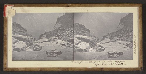 View from the foot of the Upper Yo Semite Fall, Carleton Watkins, American, 1829 - 1916, 1861; Stereograph, glass
