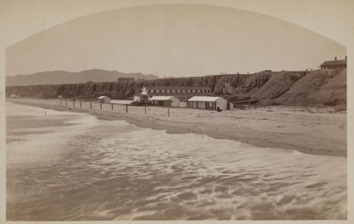 Beach and Bathing House at Santa Monica; Carleton Watkins, American, 1829 - 1916, 1880; Albumen silver print