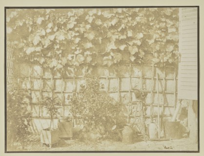Garden wall with tools; Hippolyte Bayard, French, 1801 - 1887, September 1844; Salted paper print; 19.4 × 24.8 cm