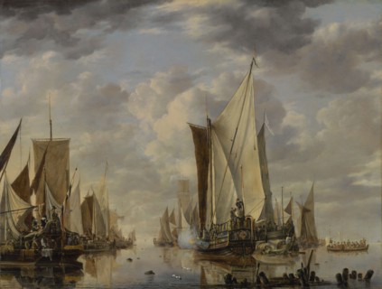 Shipping in a Calm at Flushing with a States General Yacht Firing a Salute; Jan van de Cappelle, Dutch, 1626 - 1679, 1649; Oil