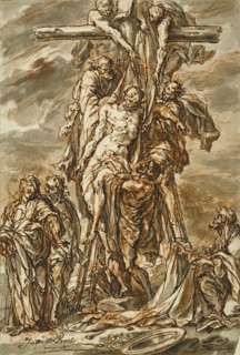 Descent from the Cross; Phillip Roos, German, 1655,1657 - 1706, about 1696; Pen and brown ink with gray wash over red chalk