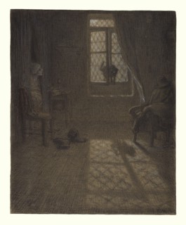 Le chat, The Cat at the Window, Jean-François Millet, French, 1814 - 1875, about 1857 - 1858; Conté crayon and pastel