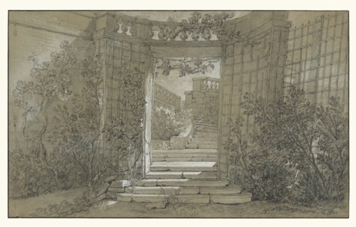 Landscape with a Stairway and Balustrade; Jean-Baptiste Oudry, French, 1686 - 1755, France; about 1744 - 1747; Black and white