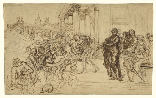 Saint Cecilia Giving Alms to the Poor; Pietro da Cortona, Italian, 1596 - 1669, about 1635 - 1640; Pen and brown ink over black