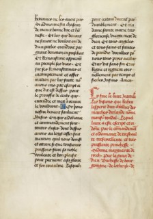 Text Page; Valenciennes, France; 1475; Tempera colors, gold leaf, gold paint, and ink on parchment; Leaf: 36.3 x 26.2 cm