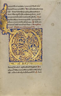 Inhabited Initial D; Montecassino, Italy; 1153; Tempera colors, gold leaf, gold paint, and ink on parchment; Leaf: 19.2 x 13.2