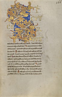Inhabited Initial S; Montecassino, Italy; 1153; Tempera colors, gold leaf, gold paint, and ink on parchment; Leaf: 19.2 x 13.2
