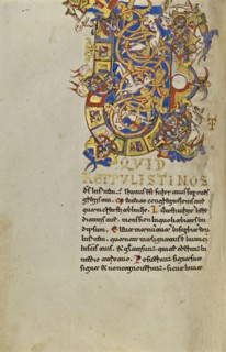 Inhabited Initial U; Montecassino, Italy; 1153; Tempera colors, gold leaf, gold paint, and ink on parchment; Leaf: 19.2 x 13.2