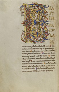 Inhabited Initial B; Montecassino, Italy; 1153; Tempera colors, gold leaf, gold paint, and ink on parchment; Leaf: 19.2 x 13.2
