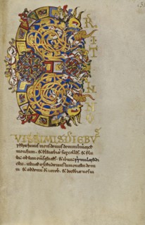 Inhabited Initial E; Montecassino, Italy; 1153; Tempera colors, gold leaf, gold paint, and ink on parchment; Leaf: 19.2 x 13.2