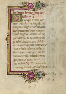Decorated Initial E; Ferrara, Emilia-Romagna, Italy; about 1469; Tempera colors, gold paint, gold leaf, and ink on parchment