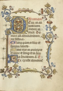 Decorated Initial D; Utrecht, probably, Netherlands; about 1405 - 1410; Tempera colors, gold leaf, and ink on parchment; Leaf